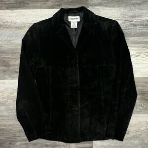 Vintage Bagatelle Black Suede Leather Women Small Notched Lapel Button Up Jacket